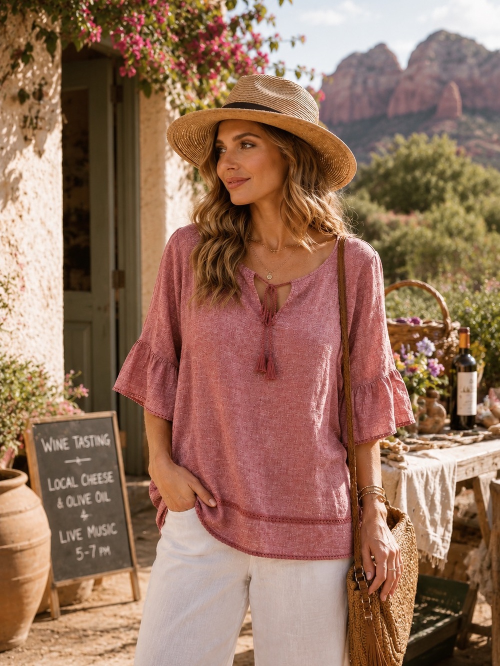 Tahari 100% Linen Dusty Rose Boho Blouse 1X Coastal Summer Top